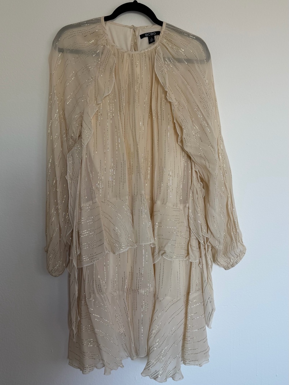 BCBG Sheer Cream Metallic-Stripe Ruffle Long-Sleeve Dress